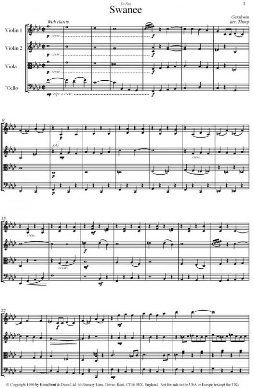 Gershwin - Swanee (String Quartet Parts) - Parts Digital Download