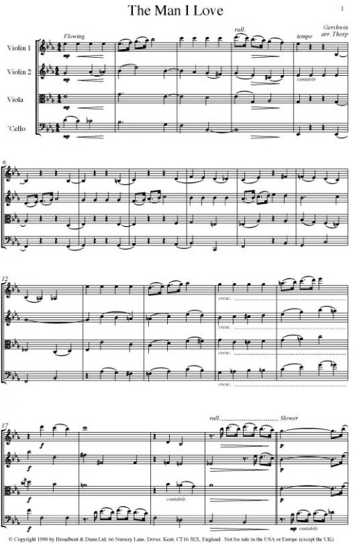 Gershwin - The Man I Love (String Quartet Parts) - Parts Digital Download