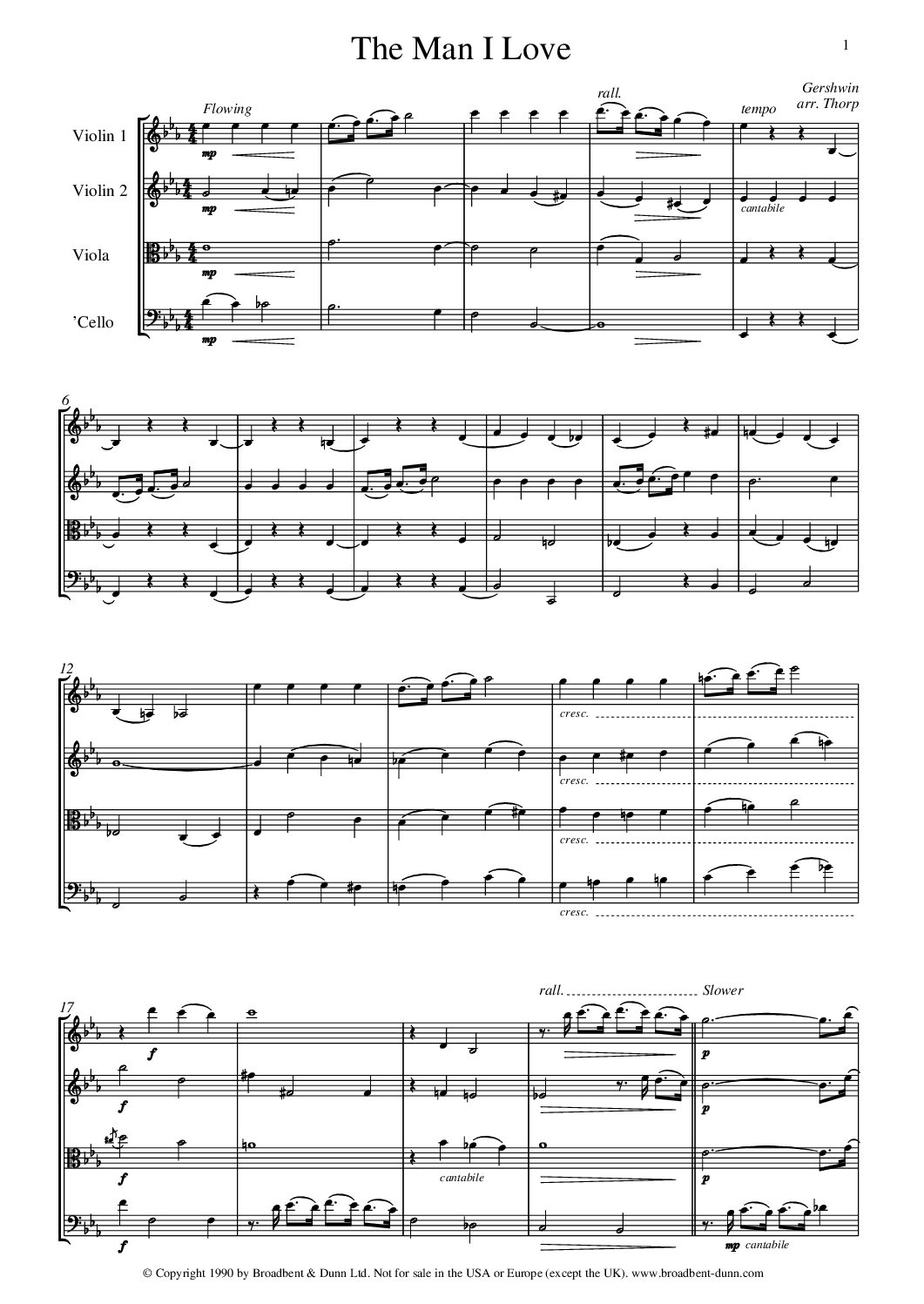 Gershwin arr. Thorp - The Man I Love (String Quartet) - Digital Download