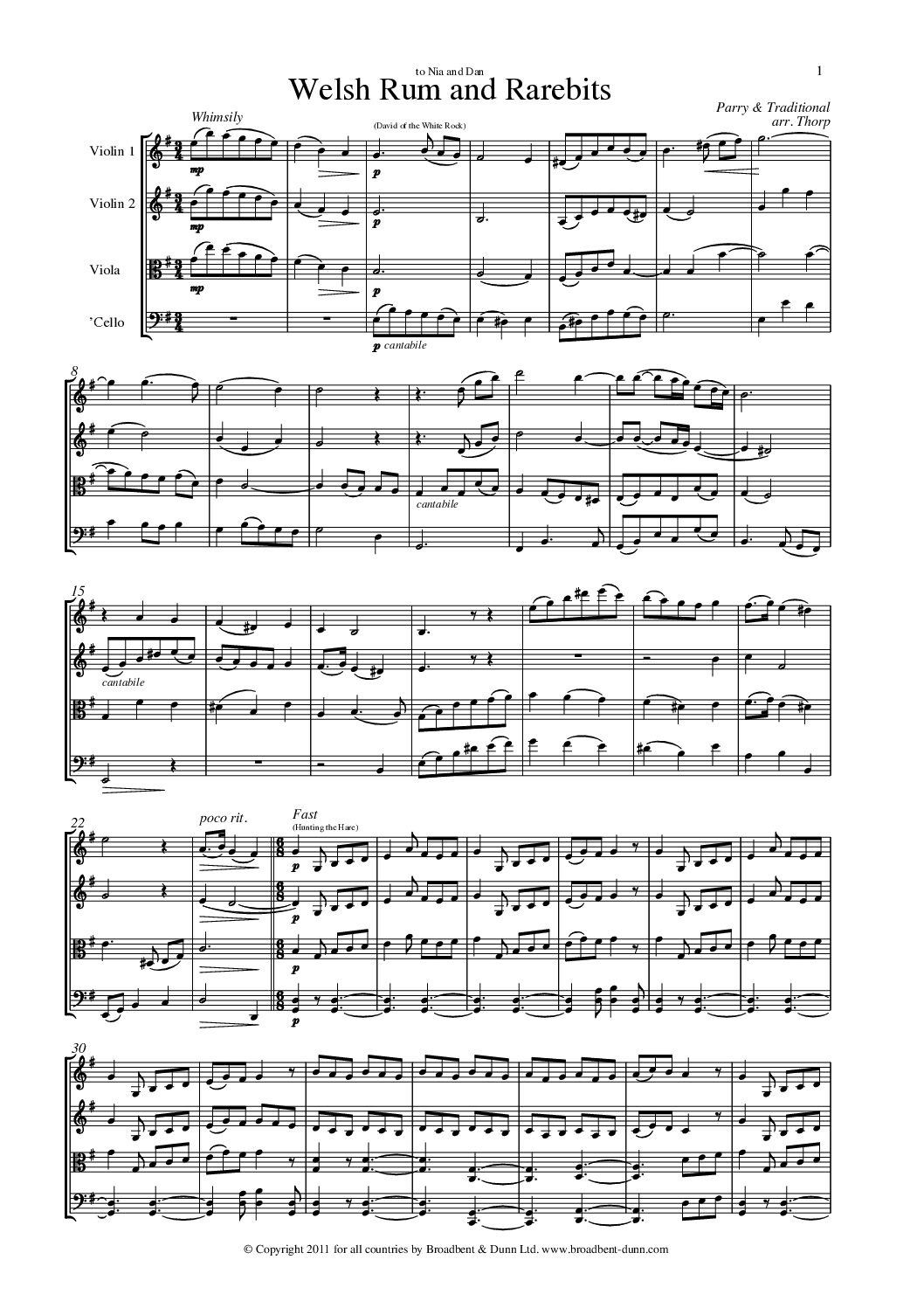 Traditional & Parry arr. Thorp - Welsh Rum and Rarebits (String Quartet) - Digital Download
