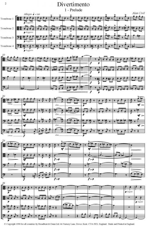 Alan Civil - Divertimento (Trombone Quartet) - Score Digital Download