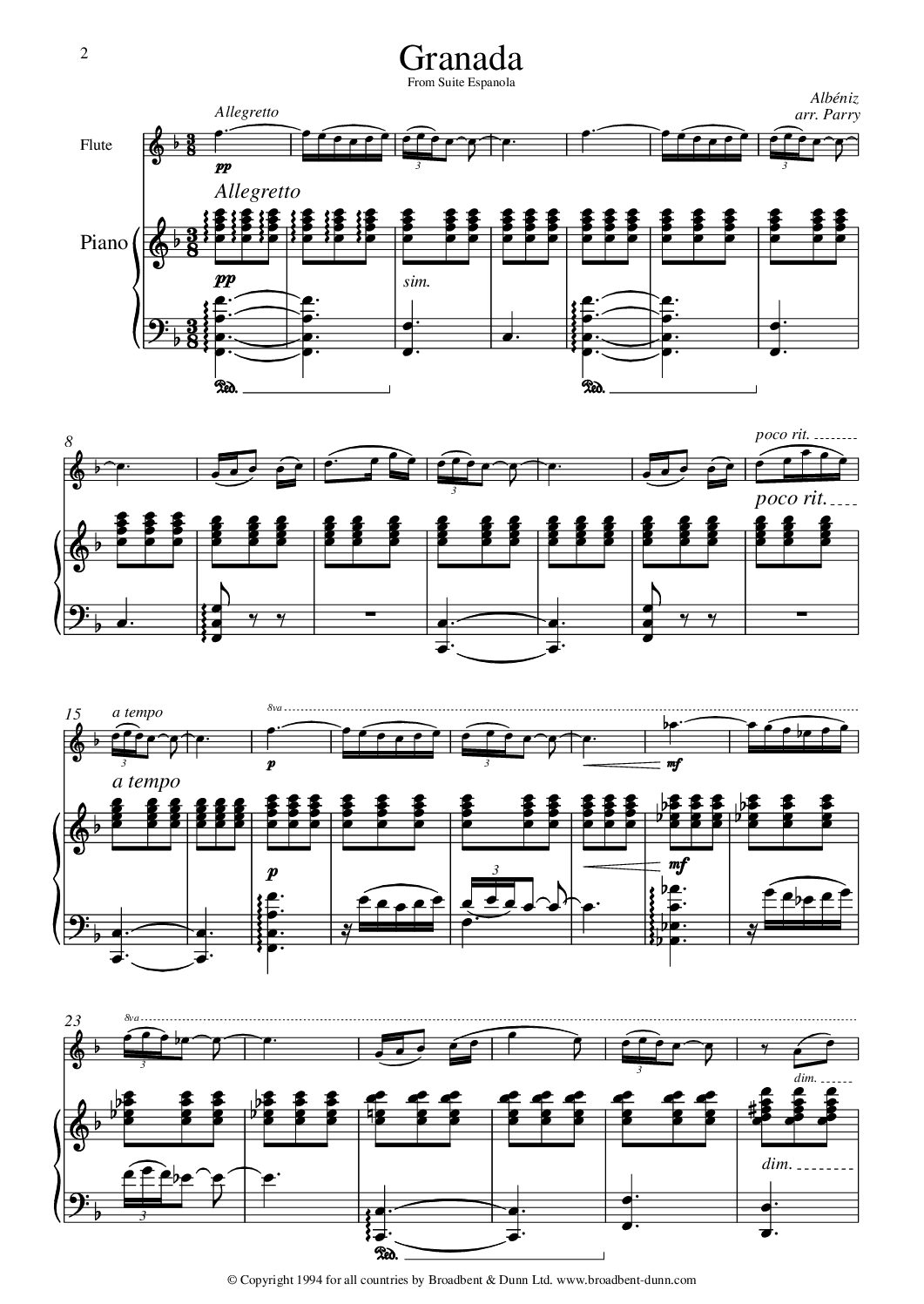 Albéniz arr. Parry - Granada from Suite Española No. 1, Opus 47 (Flute & Piano) - Digital Download