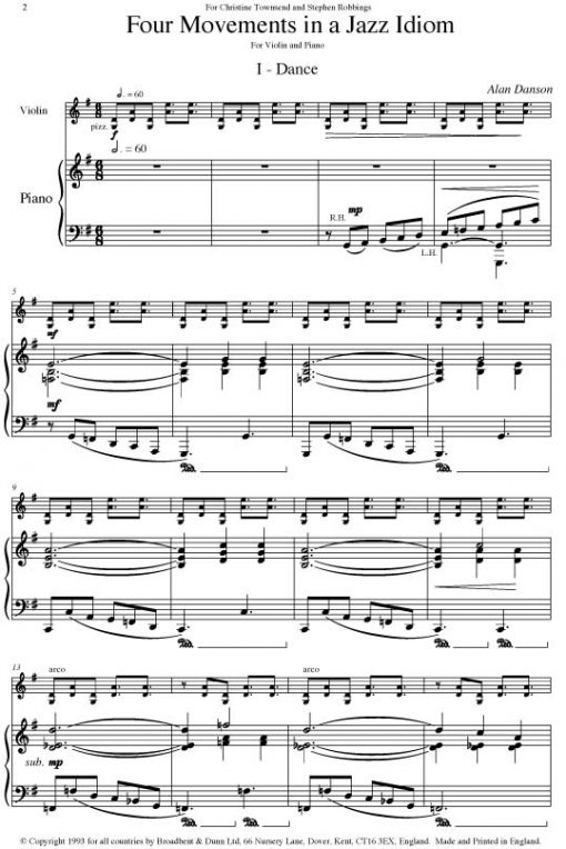 Alan Danson - Four Movements in a Jazz Idiom (Violin & Piano) - Digital Download