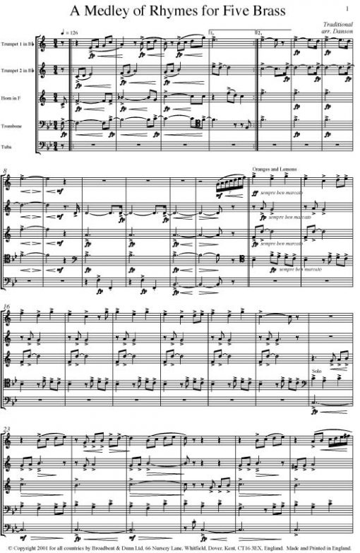 Alan Danson - A Medley of Rhymes for Five Brass (Brass Quintet) - Score Digital Download