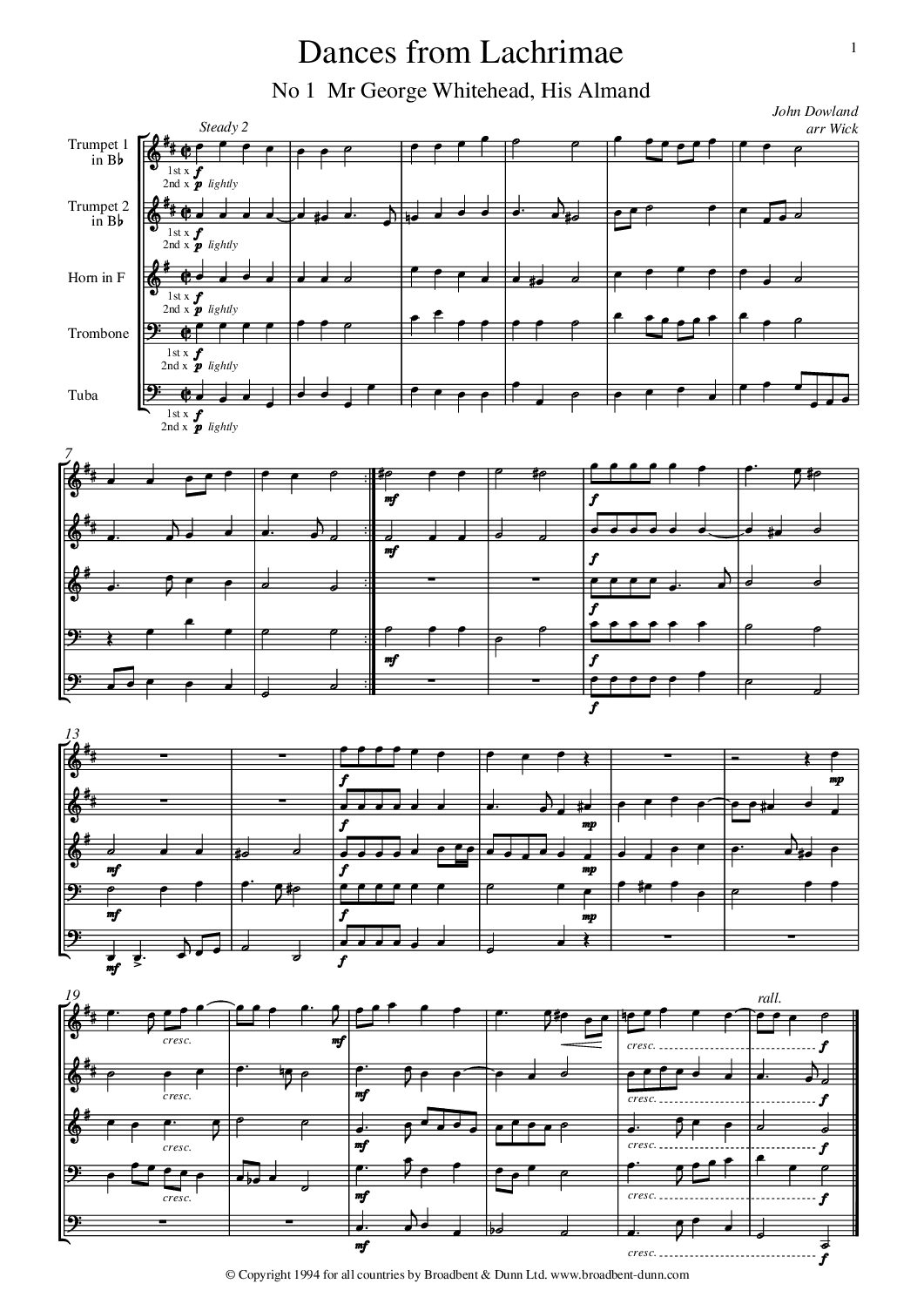 Dowland arr. Wick - Dances from Lachrimae (Brass Quintet) - Digital Download