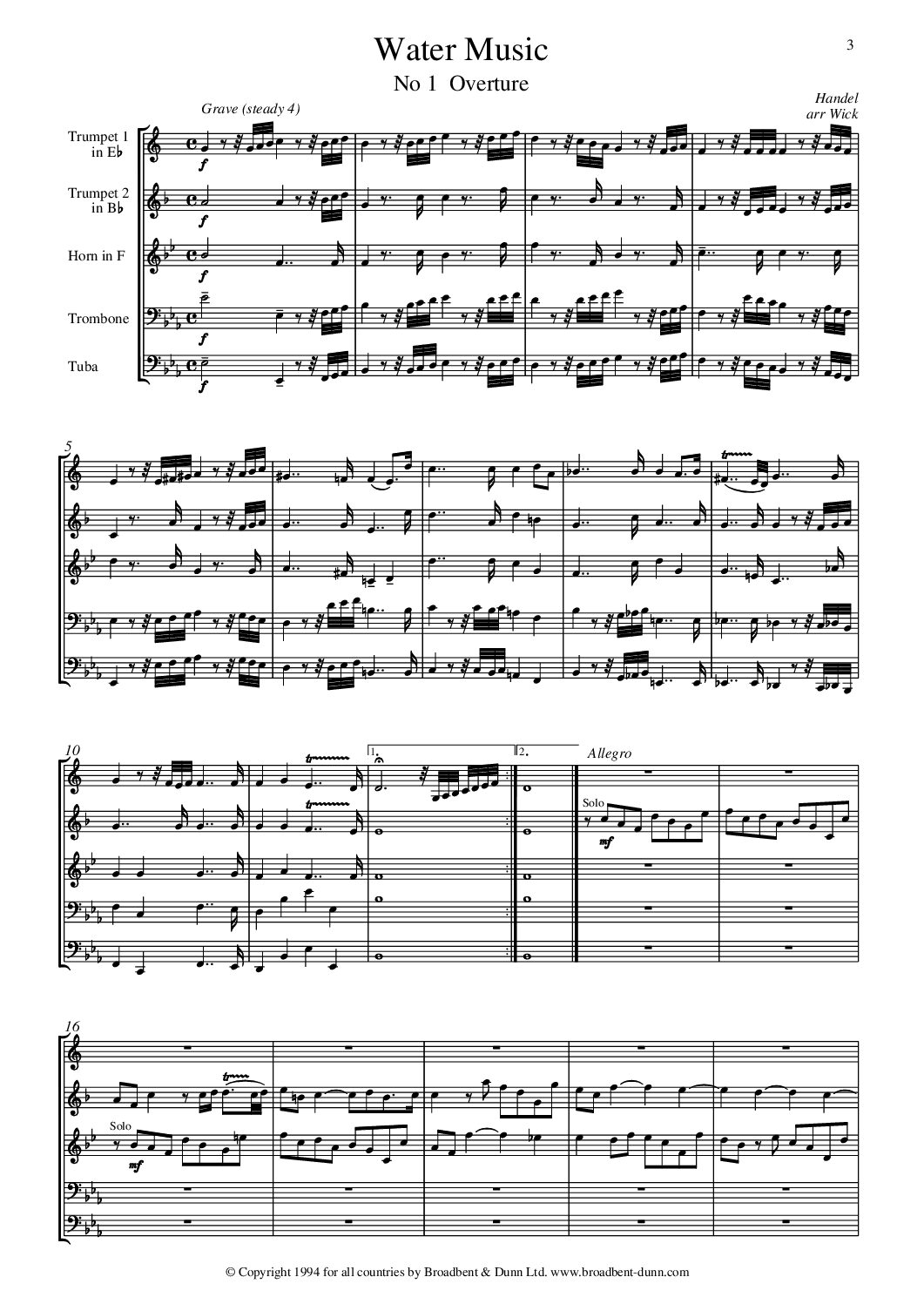 Handel arr. Wick - Water Music (Brass Quintet) - Digital Download