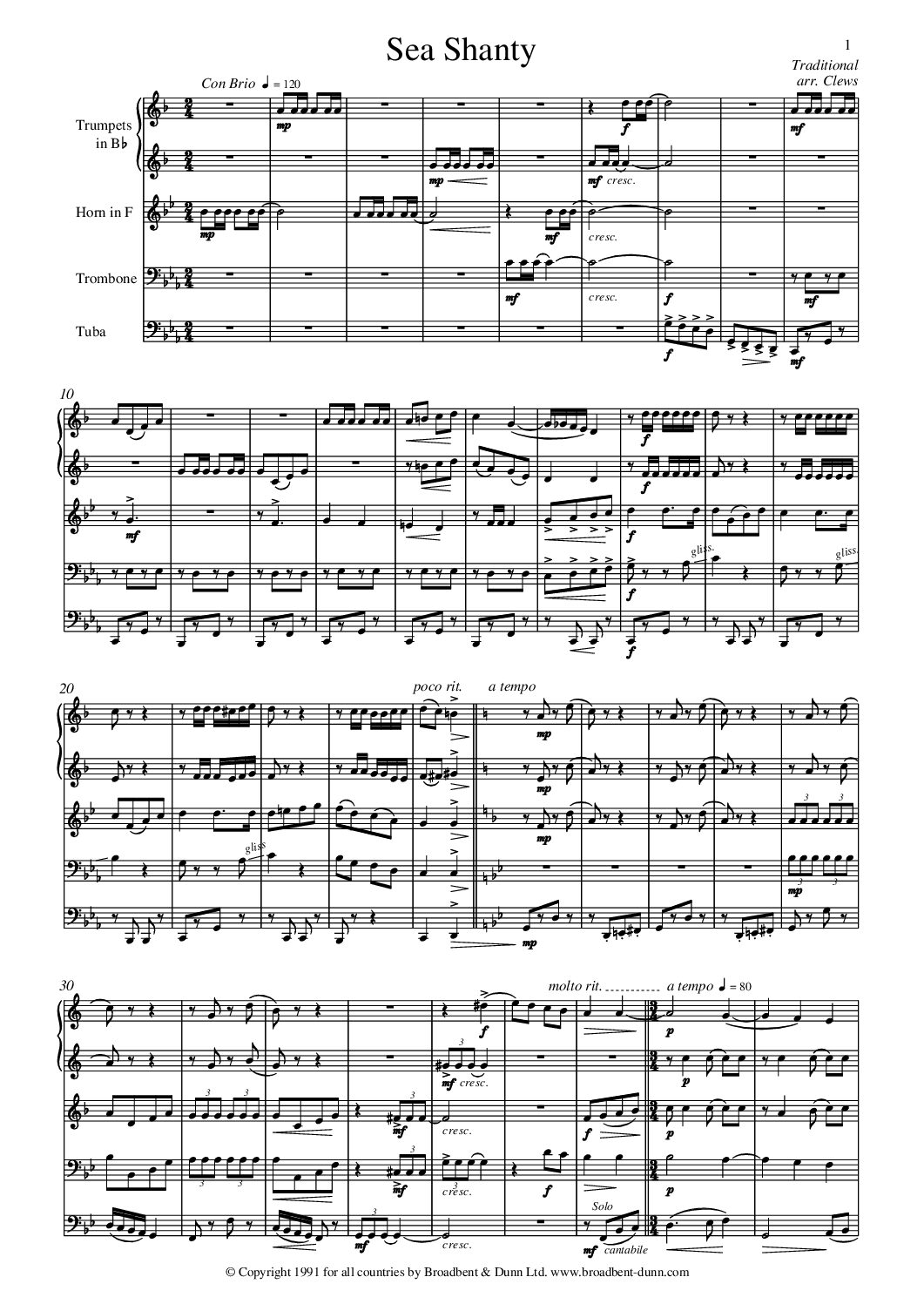 Traditional arr. Clews - Sea Shanty (Brass Quintet) - Digital Download