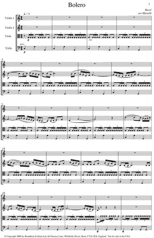 Ravel - Bolero (String Quartet Parts) - Parts Digital Download
