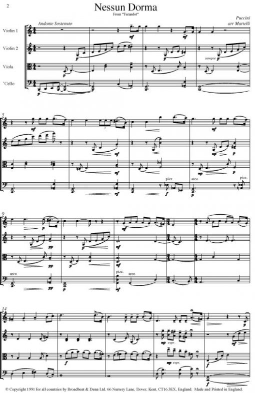 Puccini - Nessun Dorma from Turandot (String Quartet Parts) - Parts Digital Download