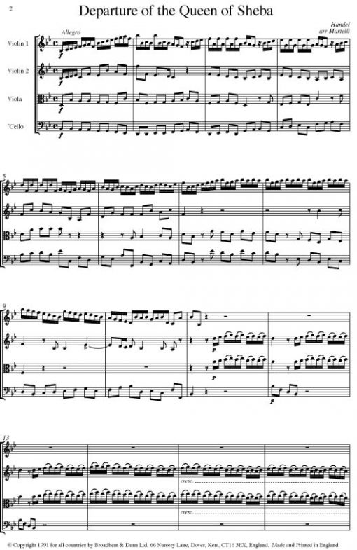 Handel - Departure of the Queen of Sheba from Acis and Galatea (String Quartet Score) - Score Digital Download