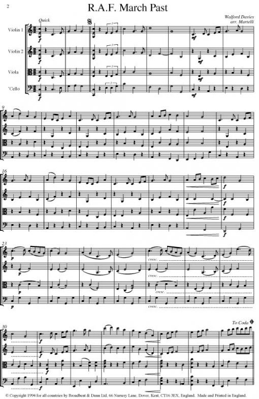 Davies - R.A.F. March Past (String Quartet Parts) - Parts Digital Download