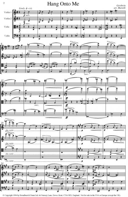 Gershwin - Hang Onto Me (String Quartet Parts) - Parts Digital Download