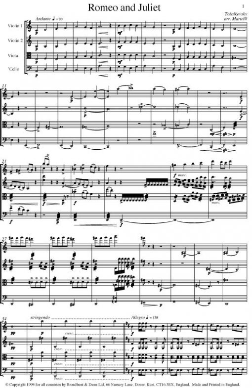 Tchaikovsky - Romeo and Juliet Overture (String Quartet Parts) - Parts Digital Download