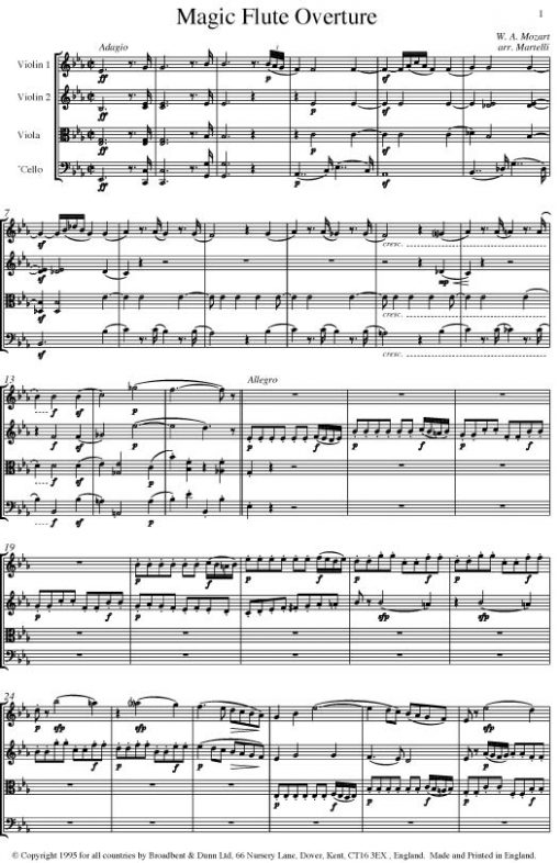 Mozart - The Magic Flute Overture (String Quartet Parts) - Parts Digital Download