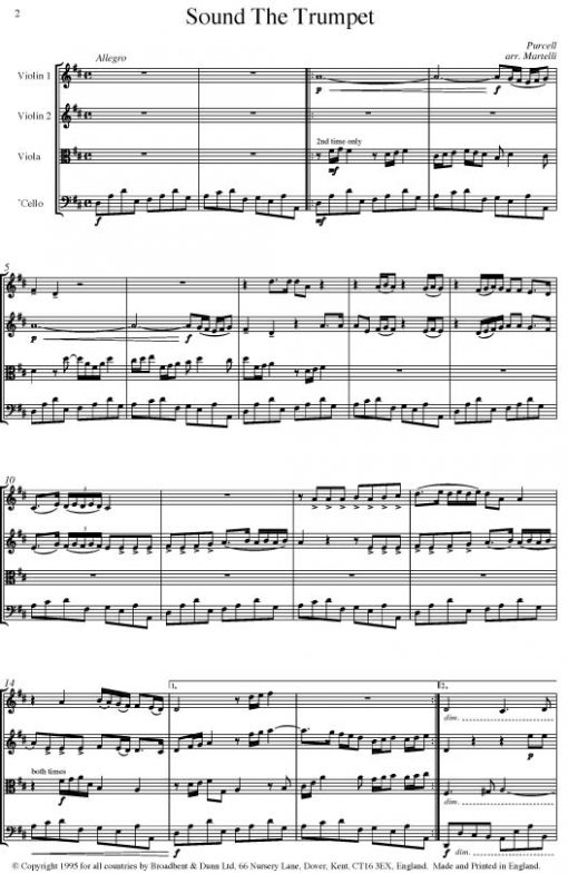 Purcell - Sound The Trumpet from Come Ye Sons of Art (String Quartet Parts) - Parts Digital Download