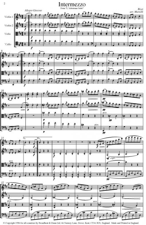 Bizet - Intermezzo and Adagietto from L'Arlésienne Suite (String Quartet Parts) - Parts Digital Download