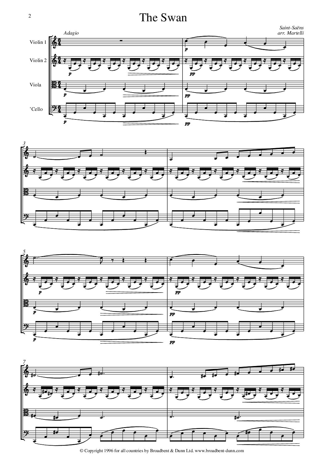 Saint-Saëns arr. Martelli - The Swan from The Carnival of the Animals (String Quartet) - Digital Download