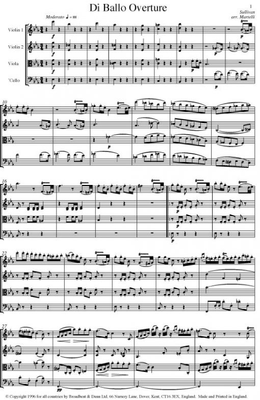 Sullivan - Di Ballo Overture (String Quartet Parts) - Parts Digital Download