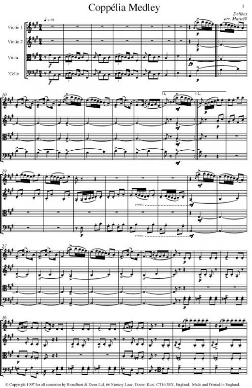 Delibes - Coppélia Medley (String Quartet Parts) - Parts Digital Download