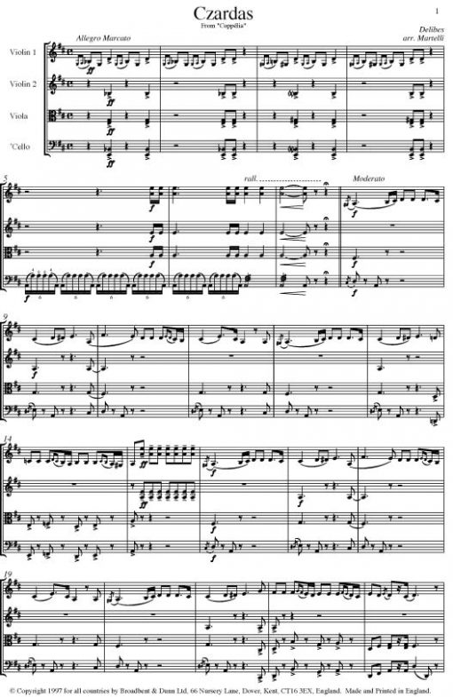 Delibes - Czardas from Coppélia (String Quartet Score) - Score Digital Download