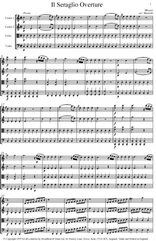 Mozart - Il Seraglio Overture (String Quartet Parts) - Parts Digital Download