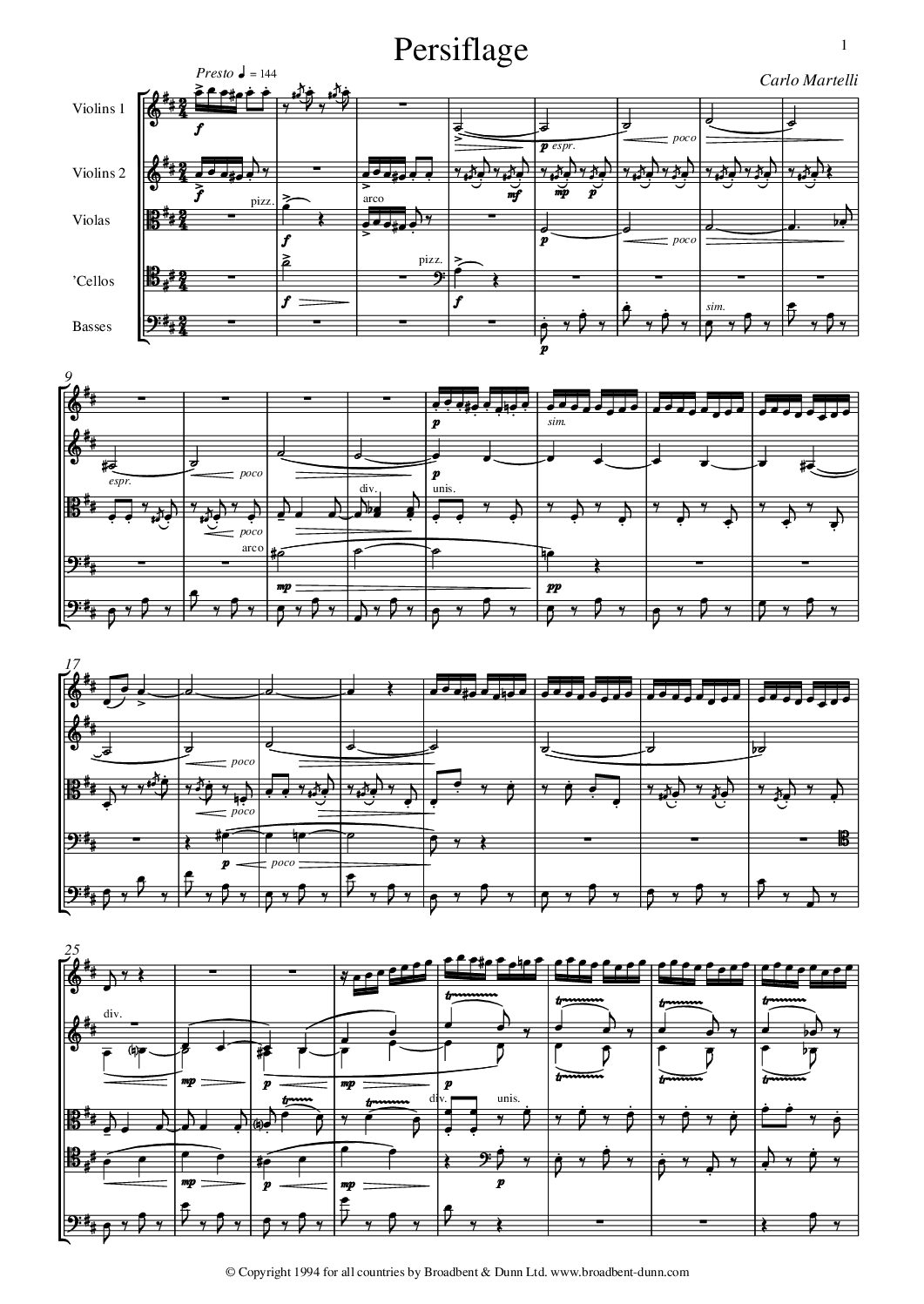 Carlo Martelli - Persiflage for String Orchestra - Double Bass Digital Download