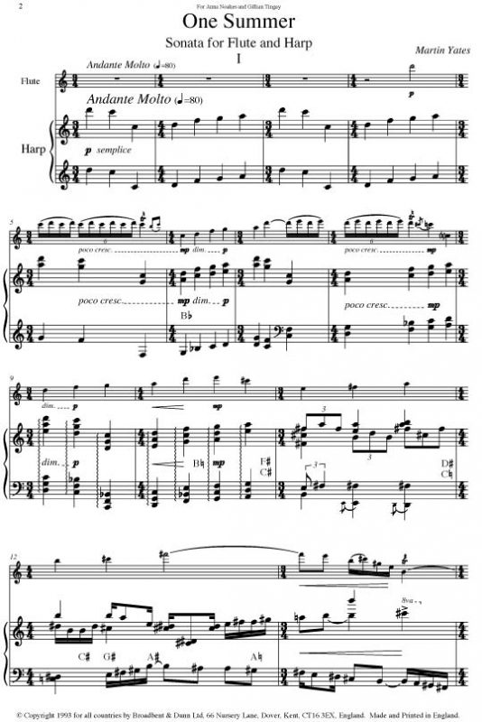 Martin Yates One Summer Sonata For Flute And Harp Digital Download Broadbent And Dunn Ltd 