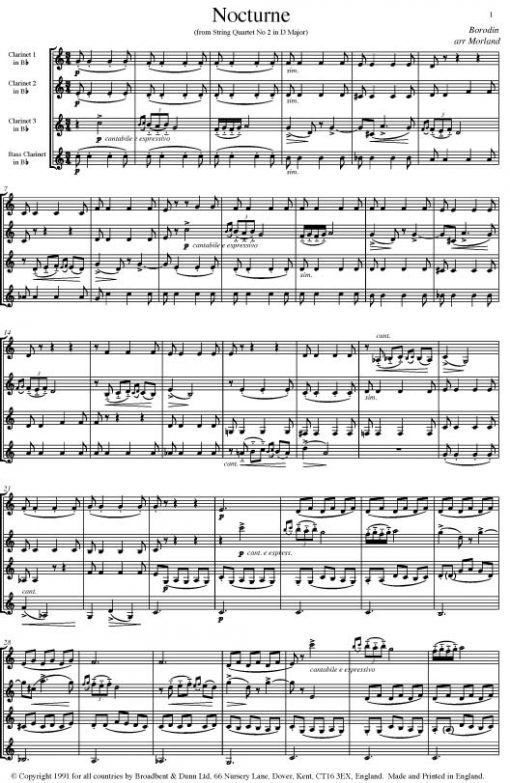 Borodin - Nocturne from String Quartet No. 2 in D Major (Clarinet Quartet) - Score Digital Download