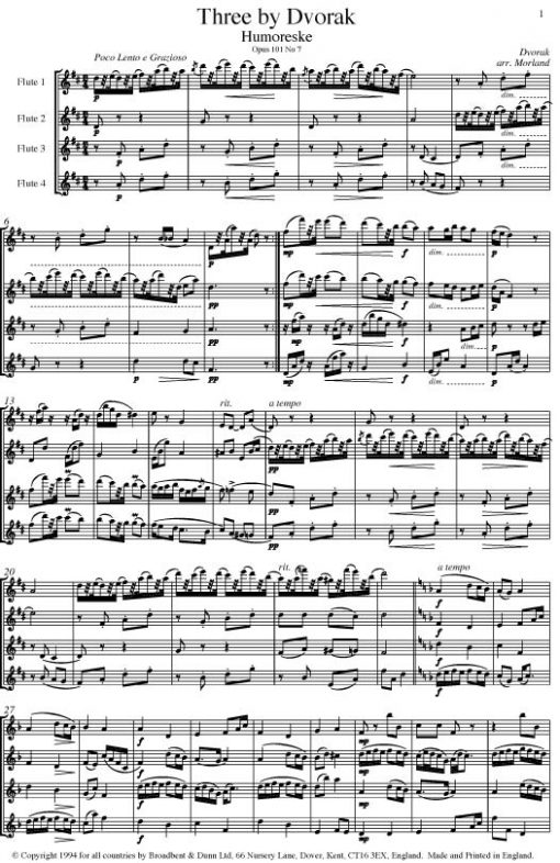Dvorák - Three by Dvorák (Flute Quartet) - Score Digital Download