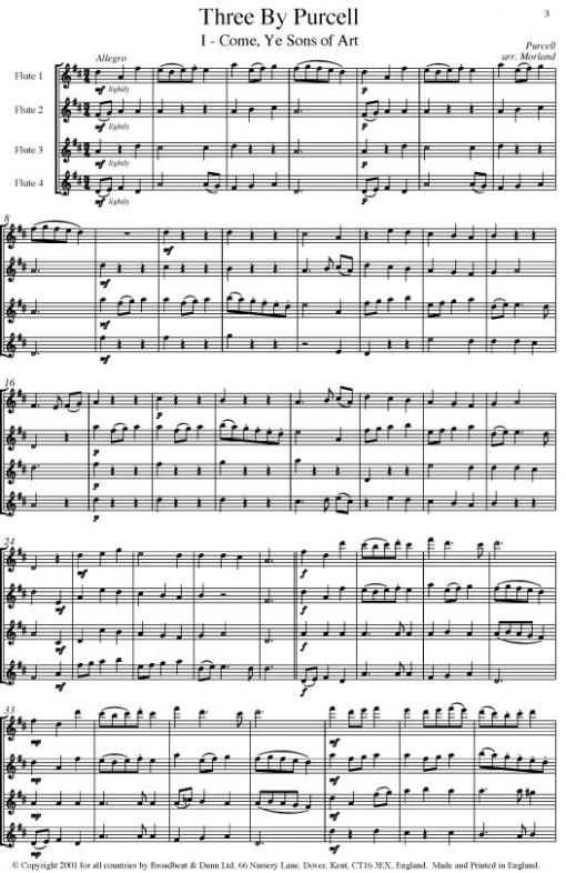 Purcell - Three by Purcell (Flute Quartet) - Score Digital Download