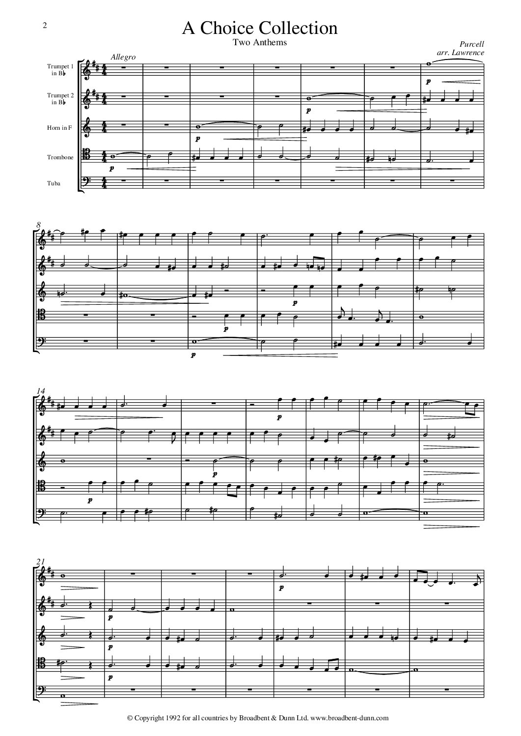Purcell arr. Lawrence - A Choice Collection, Two Anthems (Brass Quintet) - Digital Download