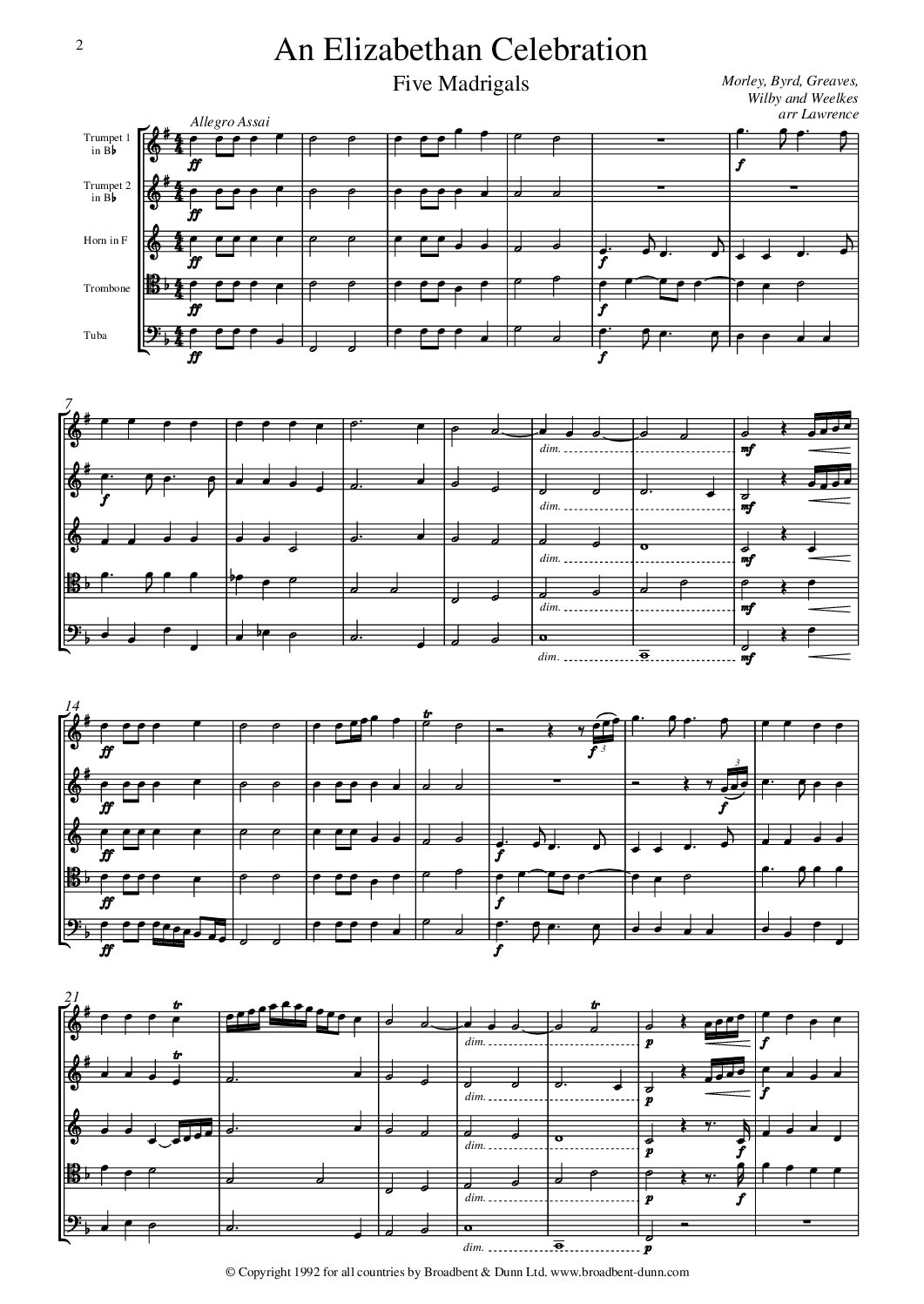 Morley, Byrd, Greaves, Wilbye & Weelkes arr. Lawrence - An Elizabethan Celebration, Five Madrigals (Brass Quintet) - Digital Download