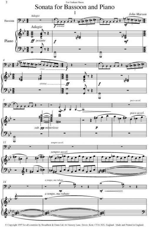 John Marson - Sonata for Bassoon & Piano - Digital Download