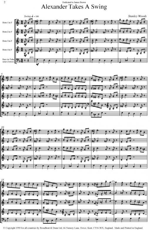 Stanley Woods - Alexander Takes A Swing (Horn Quartet with Double Bass or Tuba and optional Drums) - Score Digital Download