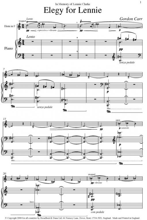 Gordon Carr - Elegy for Lennie (Horn & Piano) - Digital Download