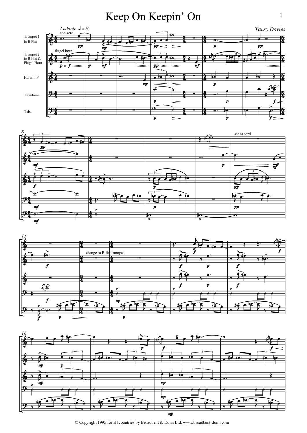 Tansy Davies - Keep On Keepin' On (Brass Quintet) - Digital Download