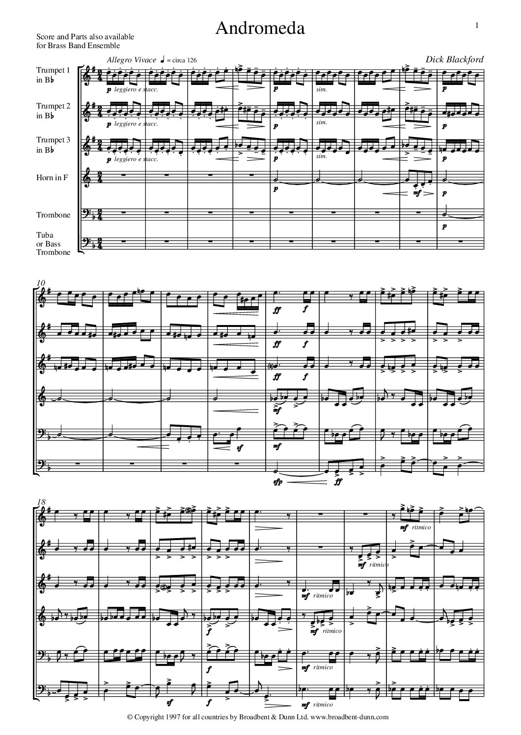 Dick Blackford - Andromeda (Brass Sextet for Orchestral Brass Instruments) - Digital Download