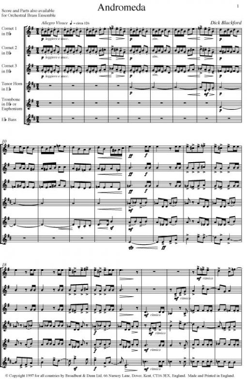 Dick Blackford - Andromeda (Brass Sextet for Brass Band Instruments) - Score Digital Download