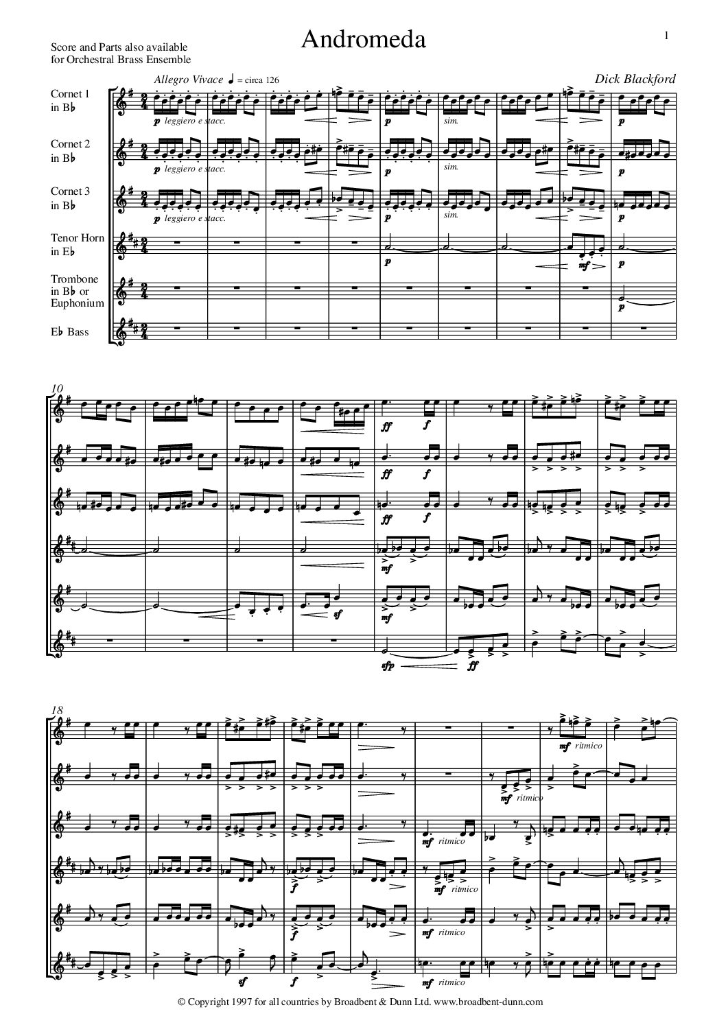 Dick Blackford - Andromeda (Brass Sextet for Brass Band Instruments) - Digital Download