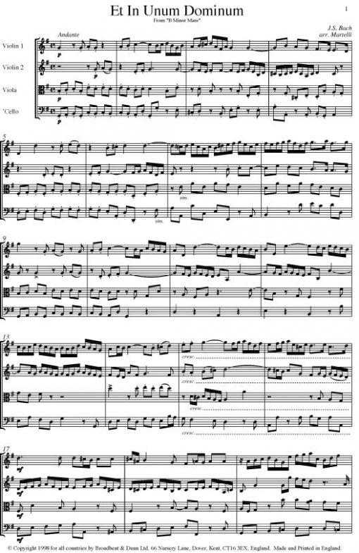 Bach - Et In Unum Dominum from Mass in B Minor (String Quartet Parts) - Parts Digital Download