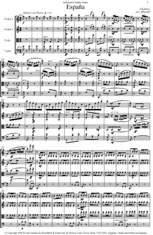 Chabrier - Espaà±a (String Quartet Parts) - Parts Digital Download