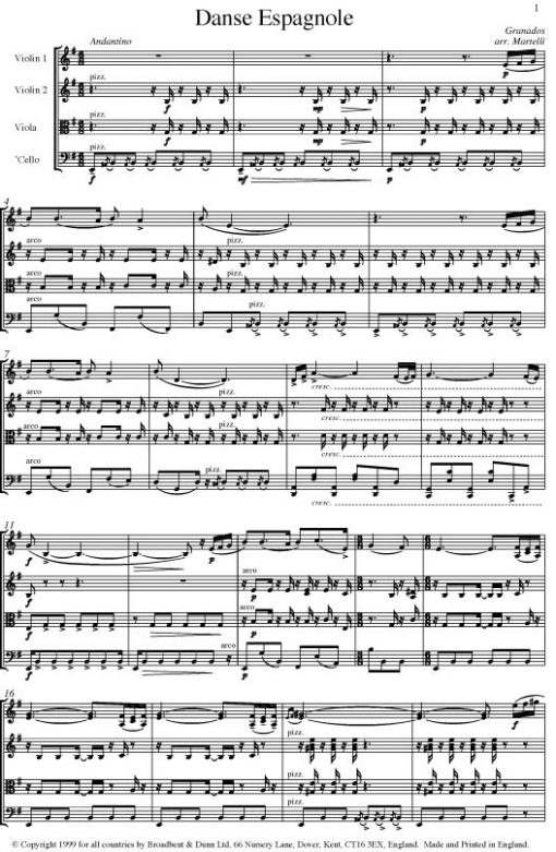 Granados - Danse Espagnole from Spanish Dances for Piano (String Quartet Score) - Score Digital Download