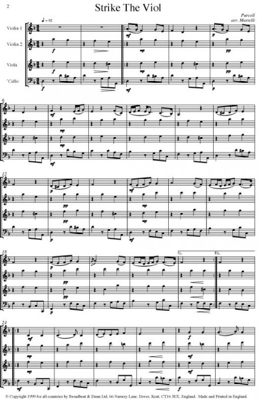 Purcell - Strike The Viol from Come Ye Sons of Art (String Quartet Parts) - Parts Digital Download