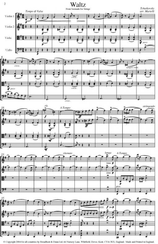 Tchaikovsky - Waltz from Serenade for Strings (String Quartet Parts) - Parts Digital Download