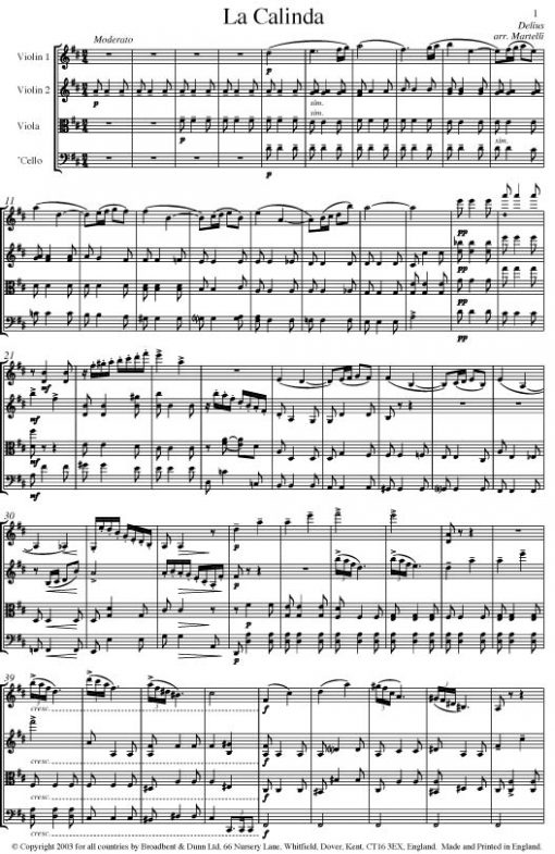 Delius - La Calinda from Koanga (String Quartet Score) - Score Digital Download