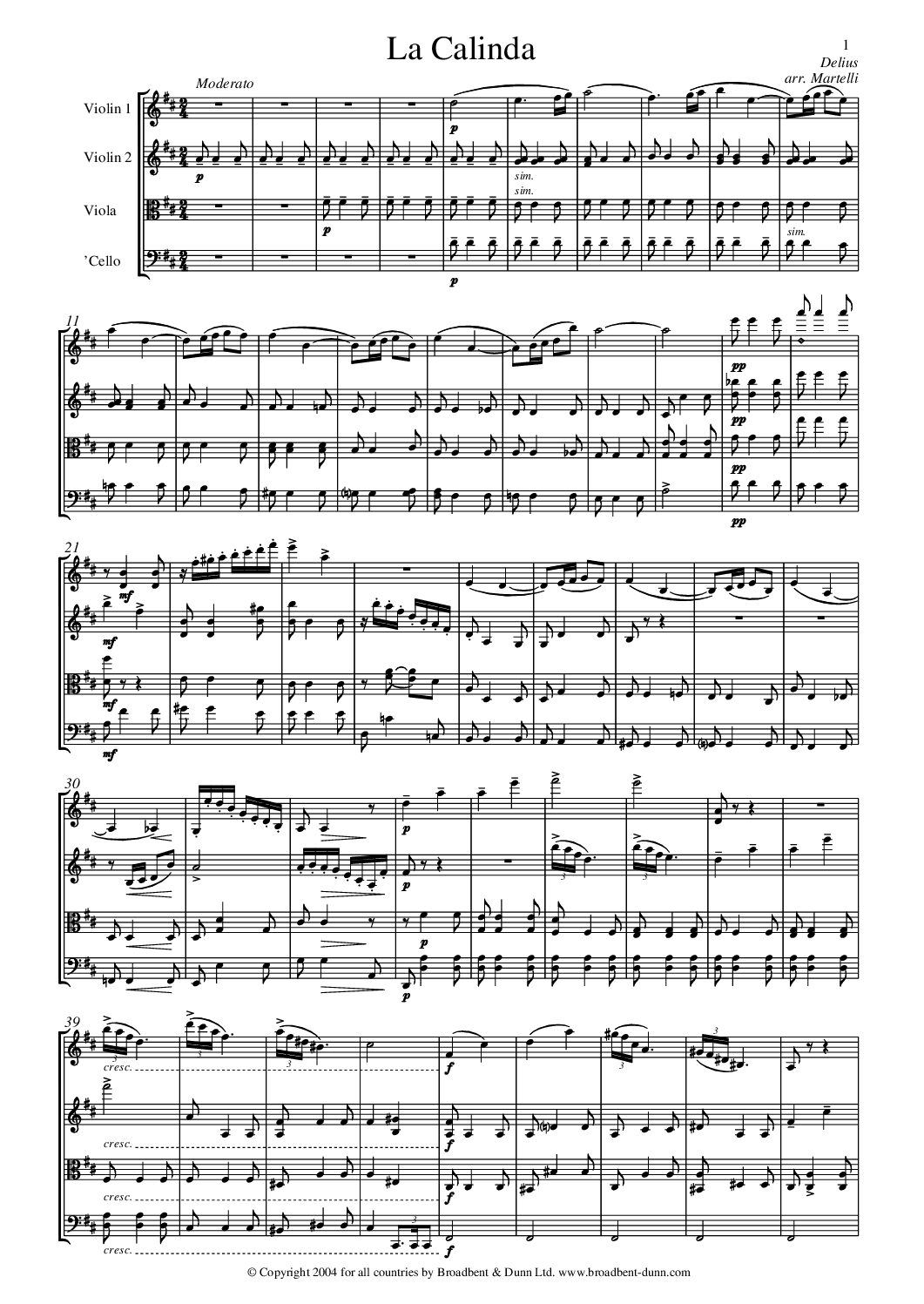Delius arr. Martelli - La Calinda from Koanga (String Quartet) - Digital Download