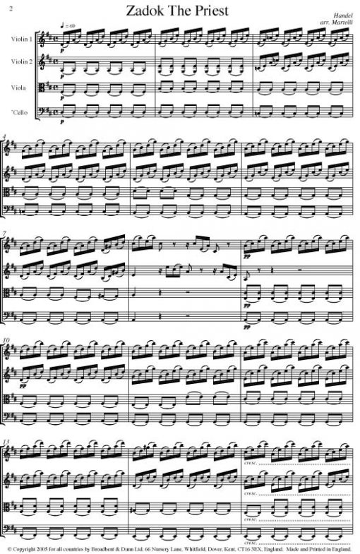Handel - Zadok The Priest (String Quartet Parts) - Parts Digital Download