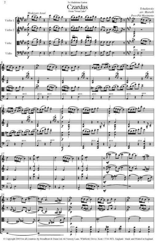 Tchaikovsky - Czardas from Swan Lake (String Quartet Score) - Score Digital Download