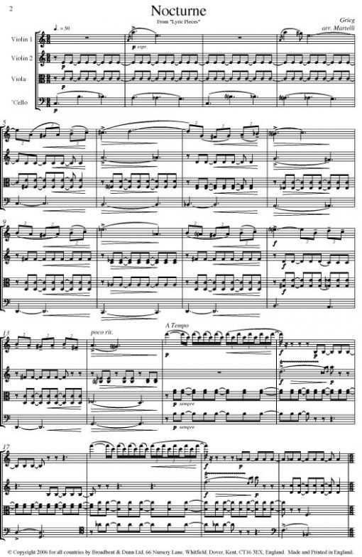 Grieg - Nocturne from Lyric Pieces (String Quartet Score) - Score Digital Download