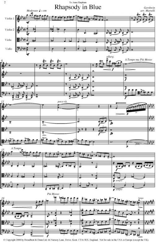 Gershwin - Rhapsody in Blue (String Quartet Score) - Score Digital Download